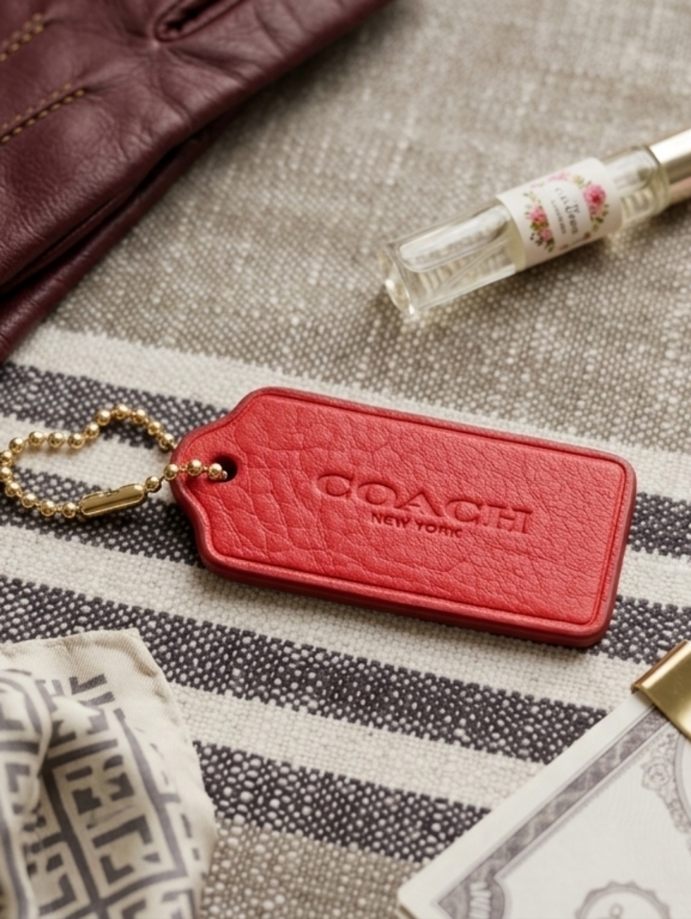 Coach Red Pebbled Leather Hang Tag with Gold Ball Chain